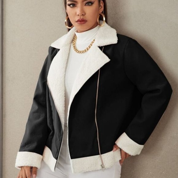 Jackets & Blazers - PLUS & REG BLACK white shearling teddy lined Moto